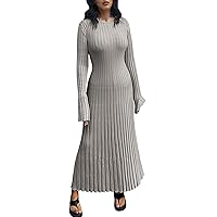 Maxi Dress Long Sleeve Plus Size,Women Bell Long Sleeve Knit Maxi Dress Crewneck Ribbed Bodycon Long Dress Slim