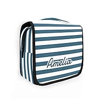 Horizontal Blue Stripes Custom Name Hanging Toiletry Bag Personalized Makeup Cosmetic Bag Large Capacity Travel Toiletry Organizer Cosmetic Case Bag for Travel Toiletries Storage