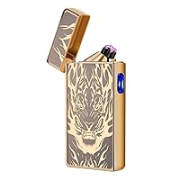 Plasma Lighter Type C Rechargeable Windproof Lighter USB Electric Lighter Flameless Dual Arc Lighter Electronic Cool Lighters for Candle, Incense Stick, Outdoor Camping (Gold Tiger)
