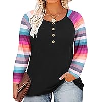 RITERA Plus Size Tops for Women Color Block Shirt Long Sleeve Shirt Black - Striped 5XL
