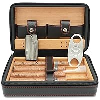 Cedar Wood Travel Portable Leather Cigar Humidor Case with Humidifier, Black, 4 Piece Set