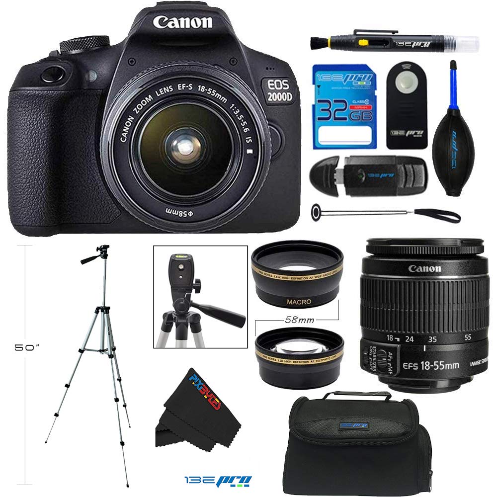 2000D / T7 Digital SLR Camera w/ 18-55MM with EF-S 18-55mm f/3.5-5.6 DC III Lens (Black) (Compatible with Canon Products) and PixiBytes Advanced Accessory Bundle