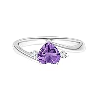 5 MM Heart Amethyst Gemstone Bypass Ring 925 Silver with Simulated Diamonds