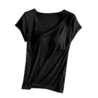 Womens Built-in Bra T-Shirt Padded Active Yoga Tops Short Sleeves Plain Blouses Soft Pajama Casual Workout Shirts