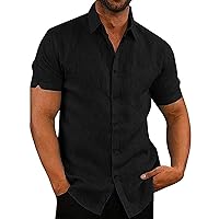 Men's Cotton Linen Short Sleeve Shirts Casual Lightweight Button Down Hawaiian Shirts Cuban Camp Guayabera Beach Tops