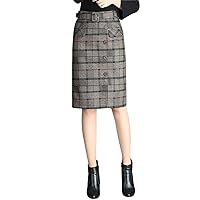 Women's Wool Blend Plaid Checked Midi Pencil Tartan Skirt Knee Length with Waistband