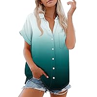 Women's Spring Tops Short Sleeved Shirt, Daily Fashion Printed Button Top, Chest Pocket Cardigan Tops, S-2XL