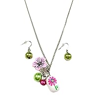 Linpeng Fiona Hand Painted Flower Glass Bead, Crystal Pearl Beads, Flower Charms Necklace and Earrings Set, Pink