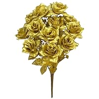 GPB293G-GOLD 12 Stems Artificial Satin Rose Flowers Bush, Gold