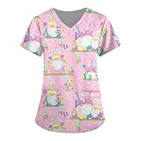 Printed Scrub Tops for Women V Neck Silm Fit Medical Casual Short Sleeve Summer Tunic Top Tee Shirts with Pocket