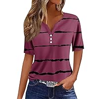 Womens Tops Trendy Summer Short Sleeve Shirts Henley Neck Button Sexy Dressy Casual Blouses Geometric Sweatshirt