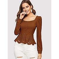 Women's Tops Women's Shirts Buttoned Front Laser Cut Hem Puff Sleeve Top Women's Tops Shirts for Women (Color : Coffee Brown, Size : X-Large)