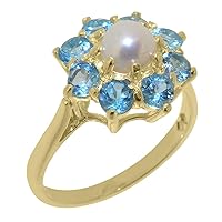 Solid 10k Yellow Gold Cultured Pearl & Blue Topaz Womens Cluster Ring - Sizes 4 to 12 Available