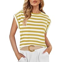 ZESICA Womens 2024 Summer Cap Sleeve Crewneck Crop Tops Casual Loose Striped T-Shirts Basic Tees
