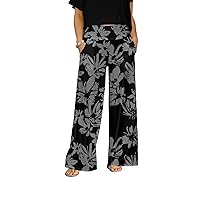 Women's Wide Leg Pants with Pockets Gray/Florals