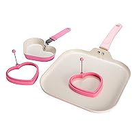 Breakfast Ceramic Nonstick Cookware Set, Includes Square Griddle, Mini Heart Shaped Fry Pan and Two Silicone Heart Shaped Egg Rings, 4-Piece Set, Pink