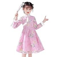 Girls Qipao Dress Long Sleeve Fleece Lined Chinese New Year Red Dress Embroidery Tulle Cheongsam 2-13 Years