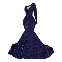 Datangep Long Sleeves Sequins Mermaid Prom Dress One Shoulder Evening Dress Celebrity Pageant Gown Chapel Train