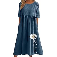 Women's Fashion Short Sleeve Summer Dresses Casual Floral Print Linen Cotton Beach Midi Dress with Pockets Plus Size