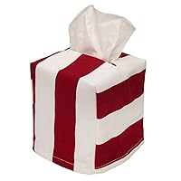 Tissue Box Cover, Soft Cloth Tissue Dispenser Cover for Square Cube Tissue Boxes- One Size Tissue Box Holder Fits Most Cardboard Tissue Holders - Lined, Red and White Striped, Made in USA