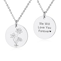 Personalized Engraved Birth Flower Disc Necklace for Women Customized Text Stainless Steel Round Pendant Combined Birth Flower Bouquet Necklace Fashion Dainty Jewelry Gift for Birthday