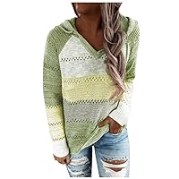 Womens Cozy Hooded Sweater Fashion Color Block V Neck Knit Pullover Sweatshirt Lightweight Long Sleeve Blouse Tops
