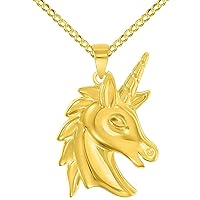 14k Yellow Gold Unicorn Horse Head Mythical Animal Pendant With Cable, Curb or Figaro Chain Necklace