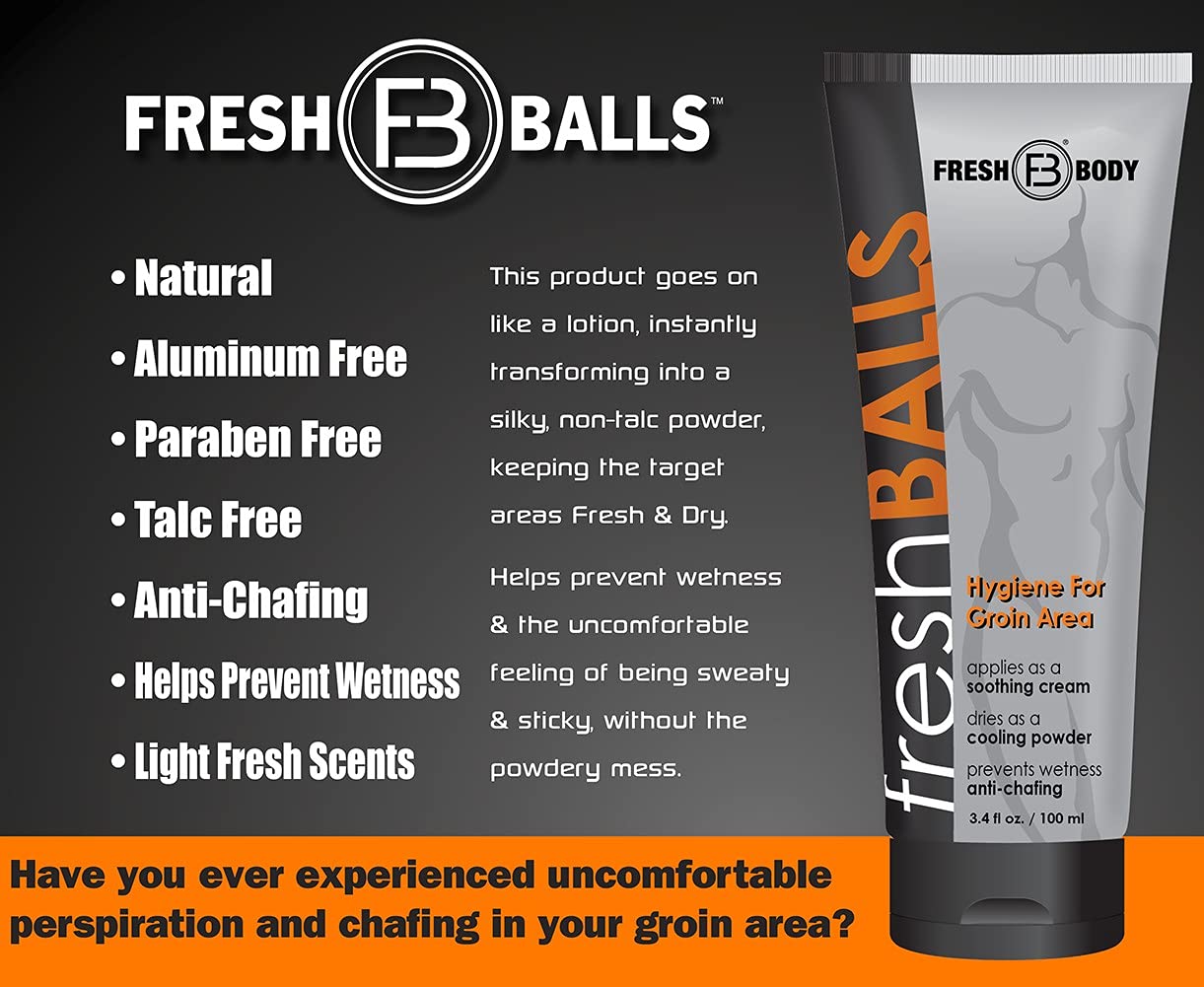 Fresh Body FB - Fresh Balls Lotion, 3.4 fl oz (2 Pack) | Anti-Chafing Men's Soothing Cream to Powder Balls Deodorant and Hygiene for Groin Area