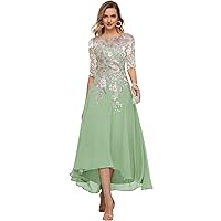 Embroidery Chiffon Midi Mother Bride Dresses for Wedding Tea Length Evening Appliques Half Sleeves Formal Dress