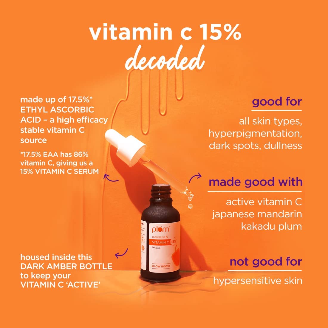 Plum 15% Vitamin C Face Serum with Mandarin for All Skin Type with Pure Ethyl Ascorbic Acid for Hyperpigmentation & Dull Skin, Fragrance-Free, 0.67 Fl Oz
