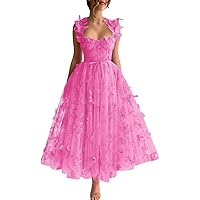 Basgute Tulle Tea Length Prom Dresses for Teens 3D Butterfly Lace Applique A Line Formal Evening Party Gown for Women