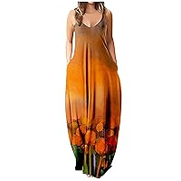 Plus Size Dresses for Womens, Women's Summer Printed Loose V Neck Casual Long Maxi Dress Beach Pockets Sundress