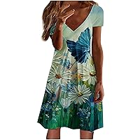 Boho Floral Print Dresses for Women Casual Dressy, Short Sleeve V Neck Tshirts Dresses Summer Loose Comfy Beach Sundress