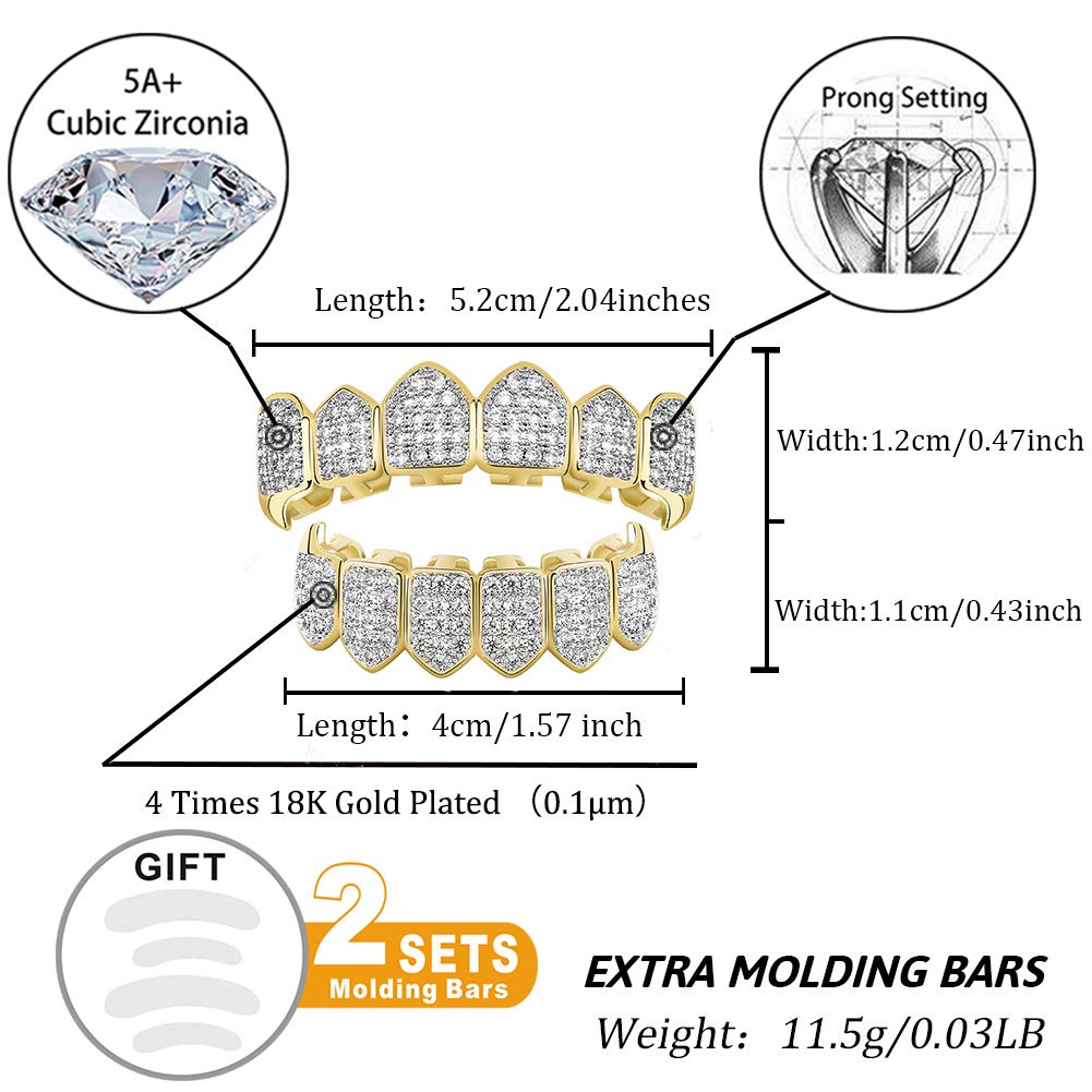 TOPGRILLZ Diamond Grills for Your Teeth Women 18K Gold Plated Fully Iced Out CZ Vampire Top and Bottom Face Mouth Men with Extra Molding Bars Cosplay Costume