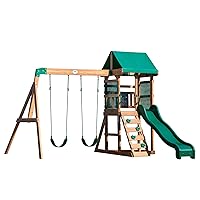 Buckley Hill Wooden Swing Set, Made for Small Yards and Younger Children, Two Belt Swings, Covered Mesh Fort with Canopy, Rock Climber Wall, 6 ft Slide Green