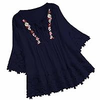 Plus Size Tops for Women Vintage Lace Patchwork Bow T Shirt Solid Color V-Neck T-Shirts Blouse Three Quarter Blouses Top Tee