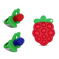 RaZbaby RaZberry Teether 2-Pack (Red/Blue) + RaZberry Pop Teether for Babies 3 Months & Up - BPA Free Silicone - Textured for Sensory Stimulation and Development