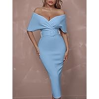 Women's Dress Surplice Neck Off Shoulder Backless Front Buckle Belted Cocktail Party Dress Dress for Women (Color : Baby Blue, Size : Small)