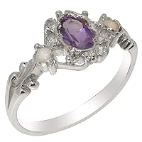 10k White Gold Natural Amethyst & Opal Womens Trilogy Ring - Sizes 4 to 12 Available