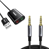 UGREEN USB Audio Adapter External Sound Card Bundle with 4-Pole 3.5mm Audio Cable 3FT