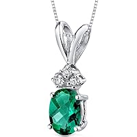 PEORA Created Emerald with Genuine Diamonds Pendant in 14 Karat White Gold, Dainty Solitaire, Oval Shape, 7x5mm