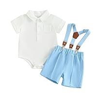 Formal Gentleman Baby Boy Suspender Shorts Outfit Short Sleeve Button Down Bowtie Shirt Romper And Shorts Set