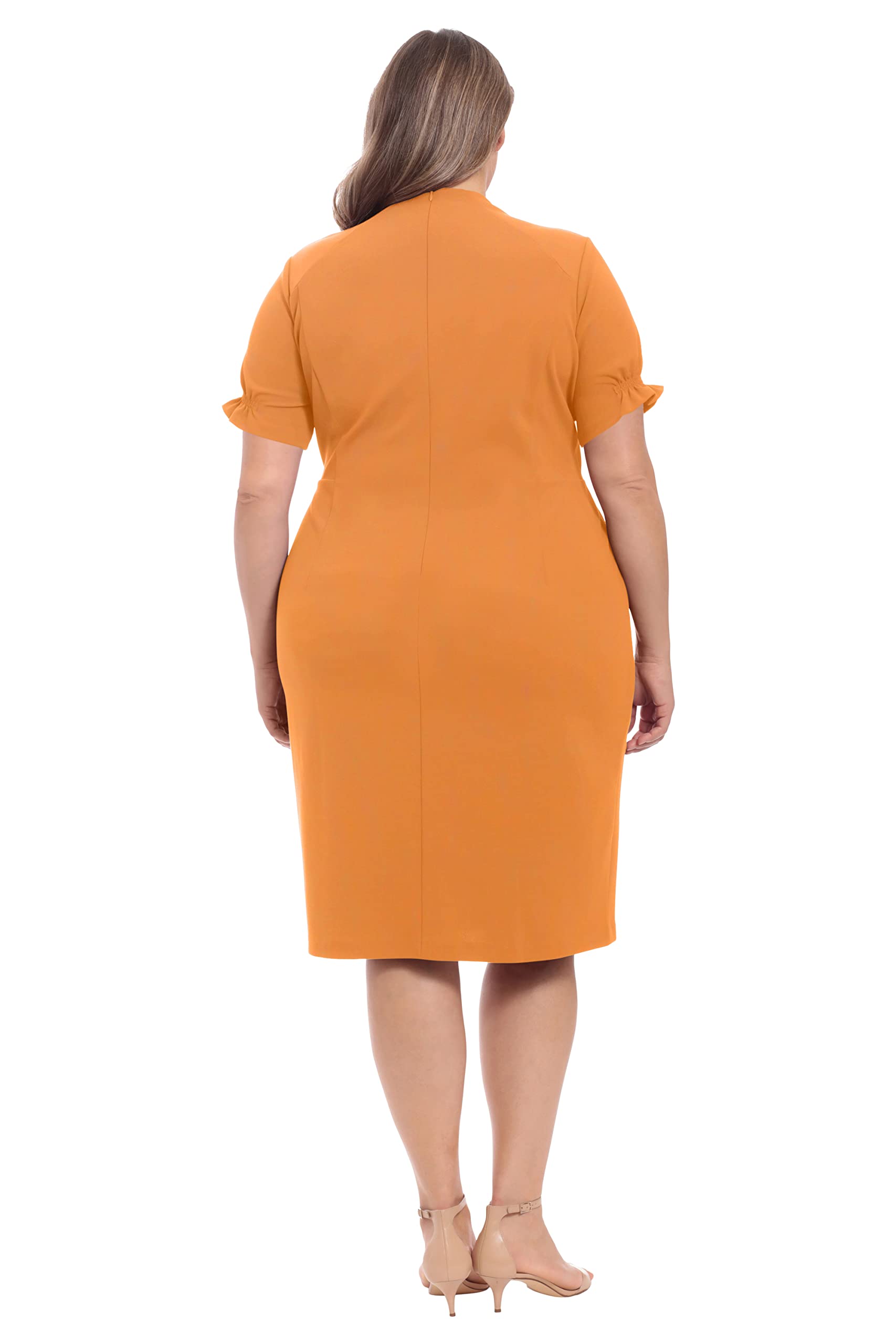 London Times Women's Petite Open Neck Puff Feminine Sleeve Seamed Flattering Sheath Dress