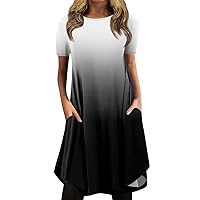 Sun Dresses for Women 2024 Casual Sundress Solid Color/Print Round Neck Pullover Mini Dress Loose Short Sleeve Dress Black XX-Large