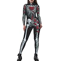 Selowin Womens Halloween Costume Skeleton Print Bodysuit Skinny Catsuit Jumpsuit