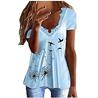 Ladies Plain Tops Flower Graphic Loose Fit Long Blouses for Women Short Sleeve Square Neck Fall Summer Shirts 2024
