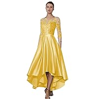 High Low Mother of The Bride Dresses Satin Lace Appliques Long Bodycon Formal Evening Dress with Pockets PA441