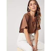 Women's Tops Women's Shirts Sexy Tops for Women Relaxed FIT Butterfly Sleeve TOP (Color : Coffee Brown, Size : Small)
