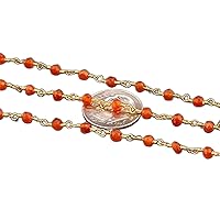 36 inch long gem carnelian 3mm round shape faceted cut beads wire wrapped gold plated rosary chain for jewelry making/DIY jewelry crafts #Code - ROSARYCH-0193