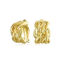 Classic Crystal Open Criss Cross Twist Wire Two Tone Celtic Knot Weave Wide Shrimp Half Hoop Clip On Earrings for Women Non Pierced Ears 14K Gold Yellow Rose Silver Plated